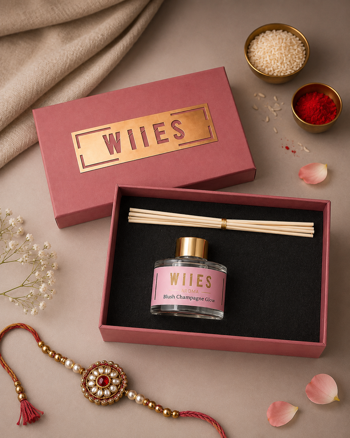 Blush Bond Rakhi Gift Hamper | Blush Champagne Glow Reed Diffuser |