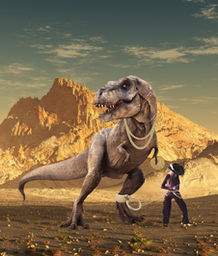 Digital artwork and nft by Katja Muller featuring a western cowgirl wrangling a T-rex Tyrannosaurus Rex dinosaur wearing expensive gold jewelry in the desert mountains with cactus
