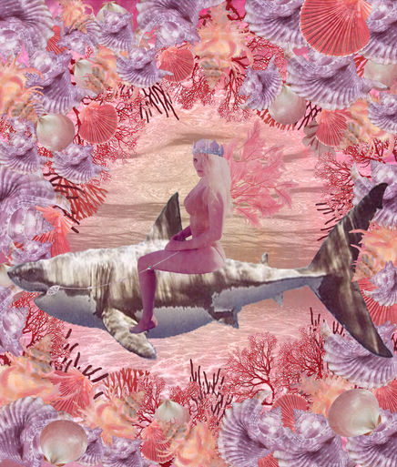 Digital artwork and nft by Katja Muller featuring a fairy woman with wings and a crown riding a great white shark in the ocean inside a kelp forest of seashells and coral