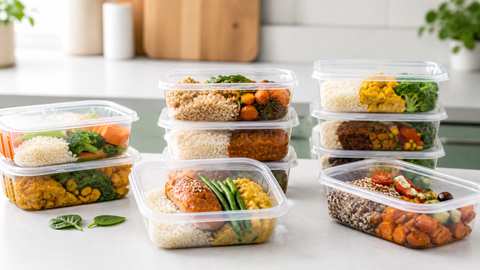 Meal-Prep-Boxen mit Protein, Kohlenhydraten und Gemüse fertig vorbereitet für die Woche