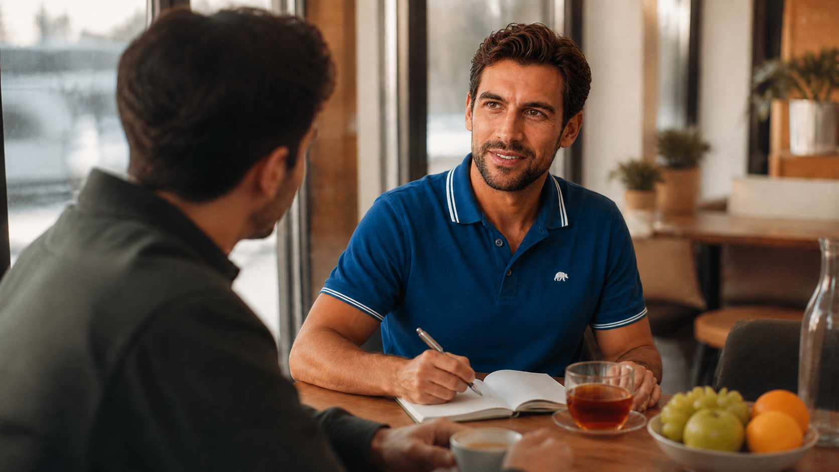 Zwei Menschen führen bei Kaffee und Tee ein aufmerksames Beratungsgespräch am Tisch