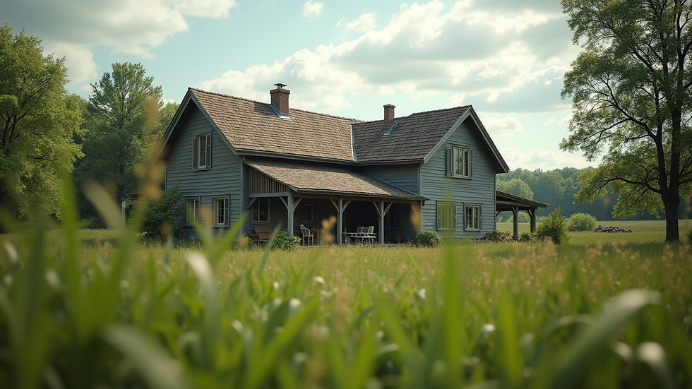 Wide angle view of a rustic farmhouse surrounded by greenery
