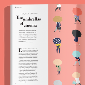A magazine spread mockup on a bright coral pink background. 