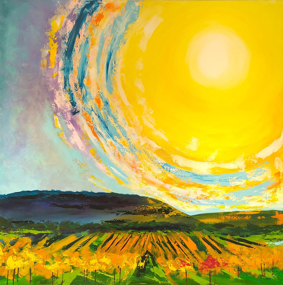 Large beaming sun shining onto golden vineyards