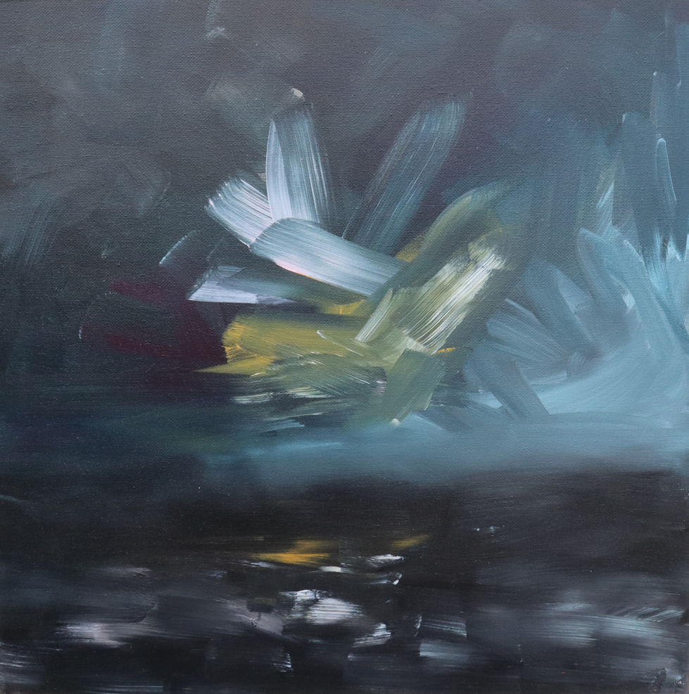 Dark and brooding contemporary landscape painting of a storm hovering above a choppy dark sea