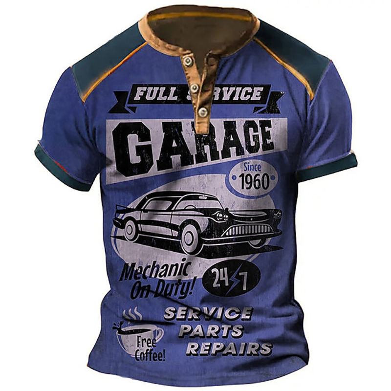 Thumbnail: Car Graphic 3D Print Vintage Henley Shirts Men's Fashion Oversized Button-Down S
