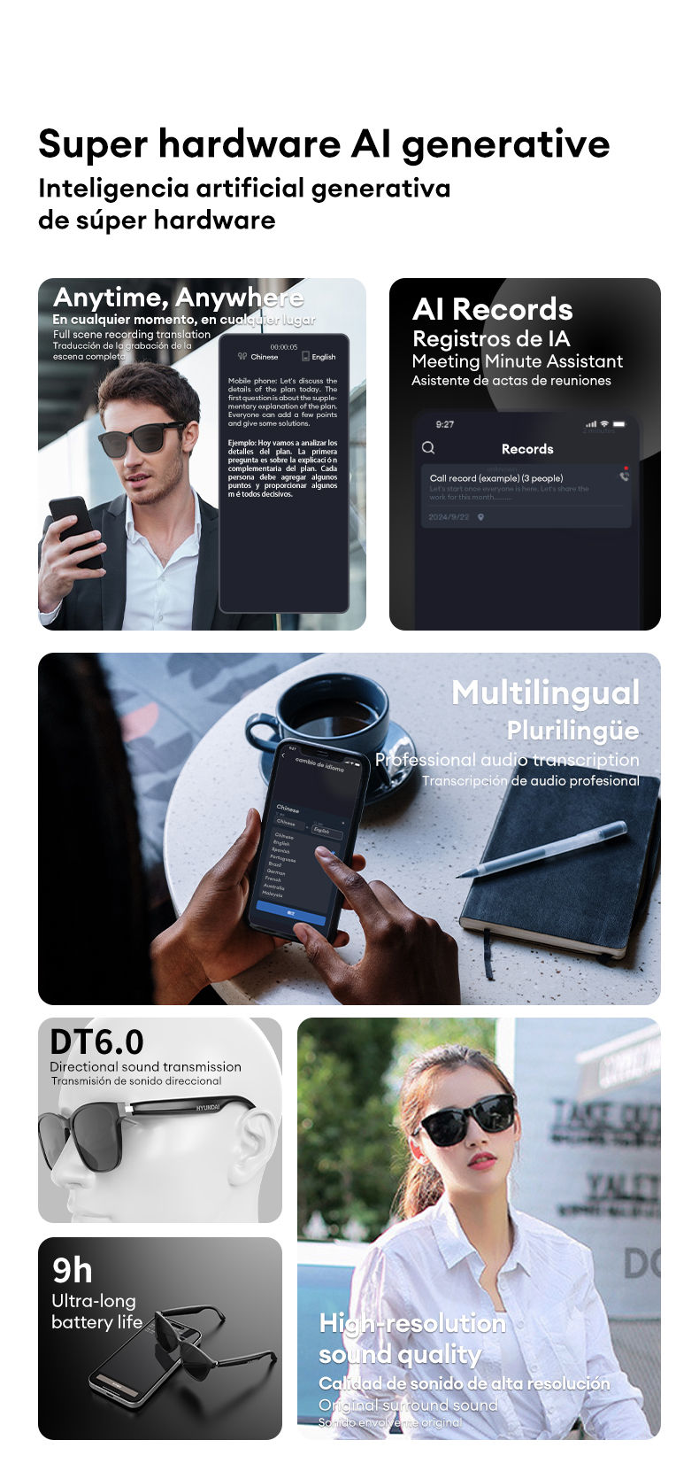 الصورة المصغرة: Choice HYUNDAI HY-C8 AI Glasses translation Earphones With Camera Automatic voic