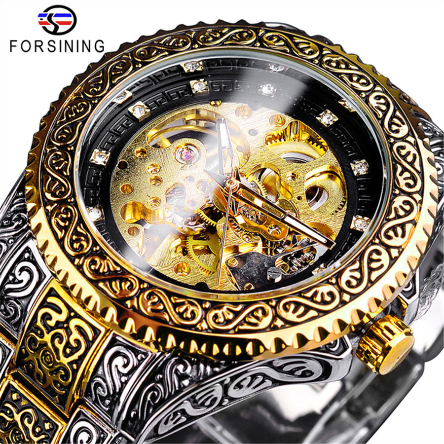 Forsining 378B High-End Men's Watches Waterproof Steel Gold Clock Automatic Mech