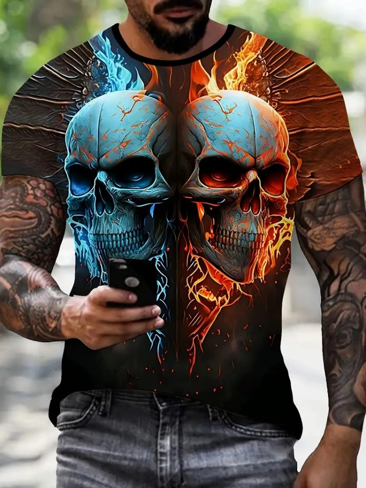 Thumbnail: Men's 3D Hat Skull Print T-Shirt Casual Crew Neck Short Sleeve Tee Personality P
