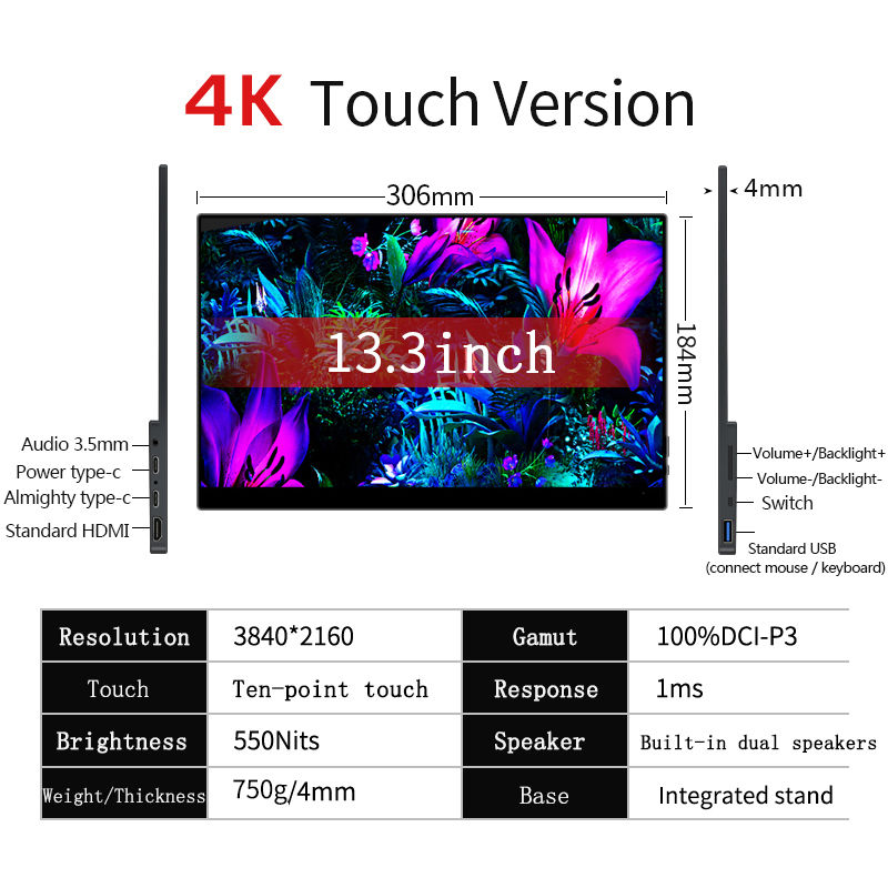 Thumbnail: 15.6 / 13 Inch 4K OLED Touch Screen Portable Monitor 550Nit USB-C HDMI-Compatibl