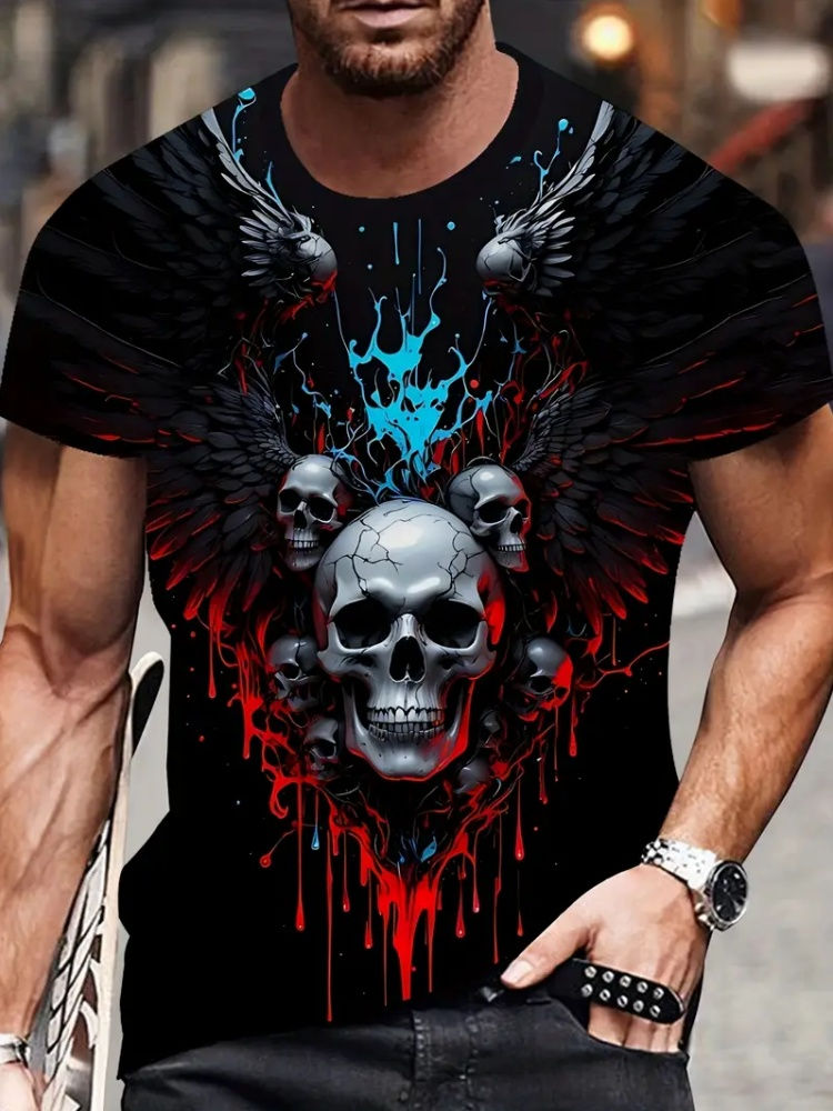 Thumbnail: Men's 3D Hat Skull Print T-Shirt Casual Crew Neck Short Sleeve Tee Personality P