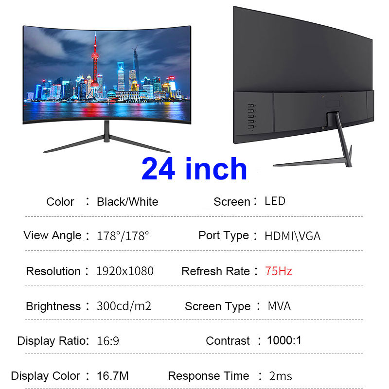 Thumbnail: 24 Inch Curved 75Hz Monitor Gaming VA FHD 1080P Computer Display 2800R HDMI/VGA 