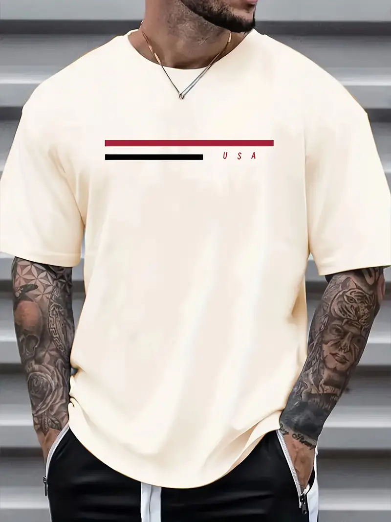 Thumbnail: Men's fashion solid color striped letter printed T-shirt summer fashion versatil