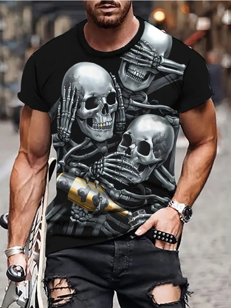 Thumbnail: Men's 3D Hat Skull Print T-Shirt Casual Crew Neck Short Sleeve Tee Personality P