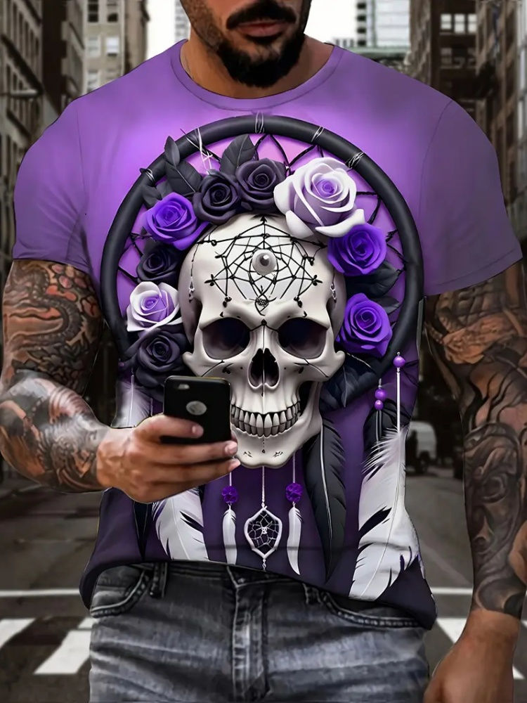 Thumbnail: Men's 3D Hat Skull Print T-Shirt Casual Crew Neck Short Sleeve Tee Personality P