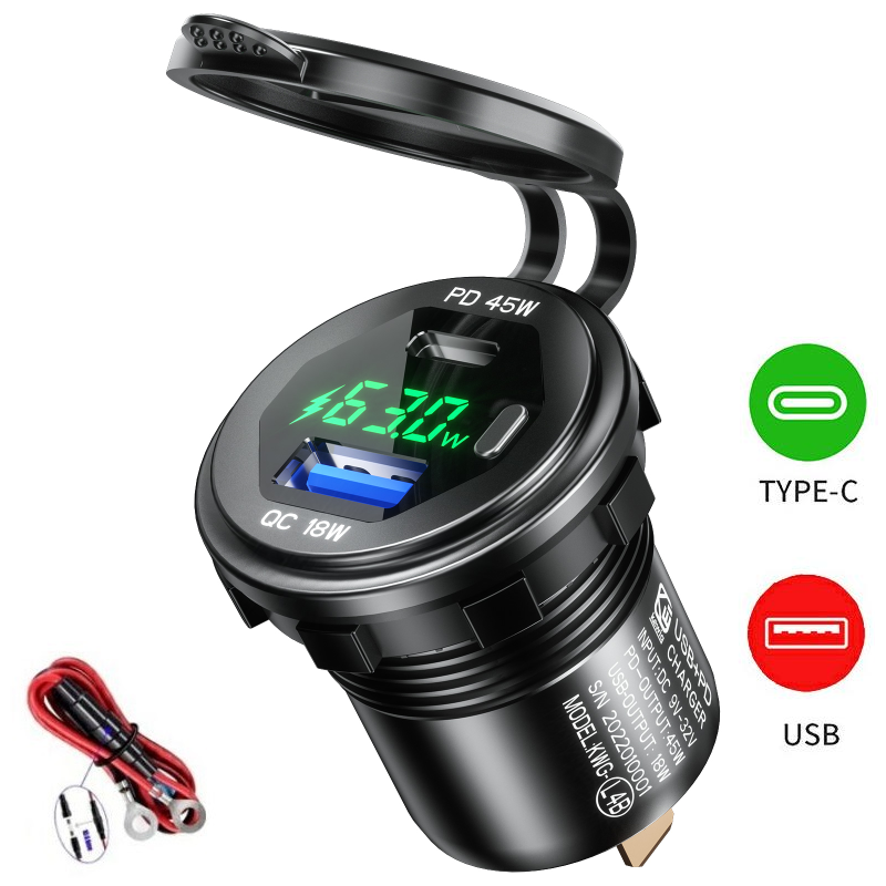 Thumbnail: Aluminum USB C Car Charger Socket 12V/24V 63W USB Outlet PD Type C & QC 3.0 Car 