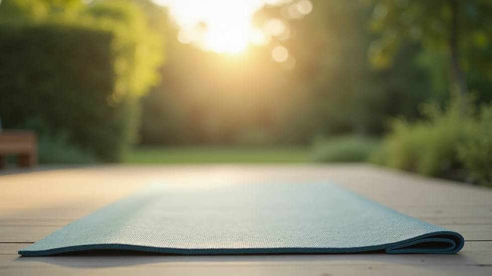 Eye-level view of a serene outdoor space with a yoga mat