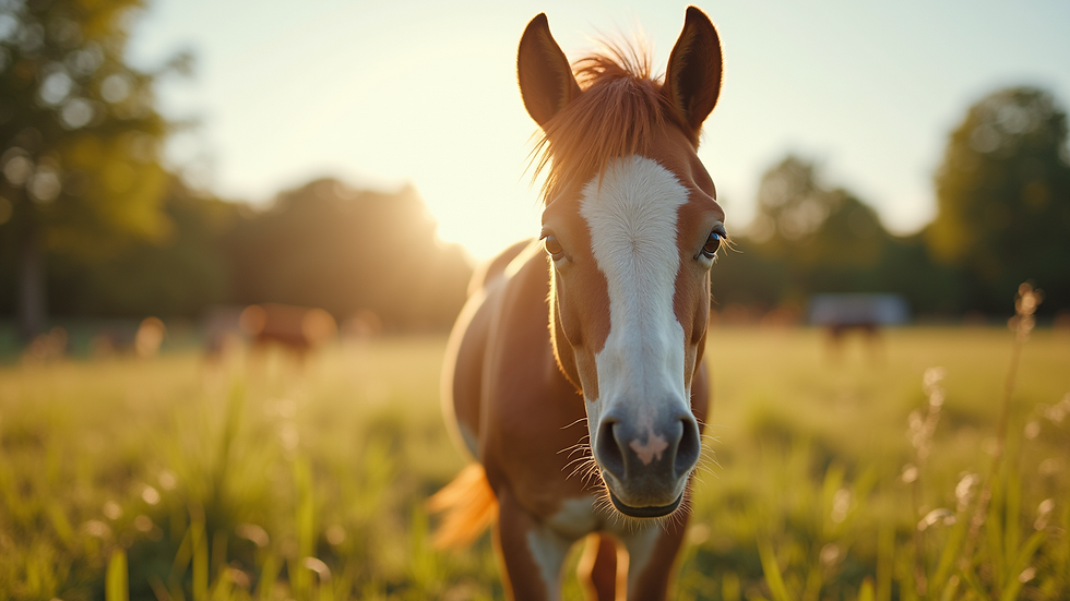 Eye-level view of a miniature horse in a sunny pasture