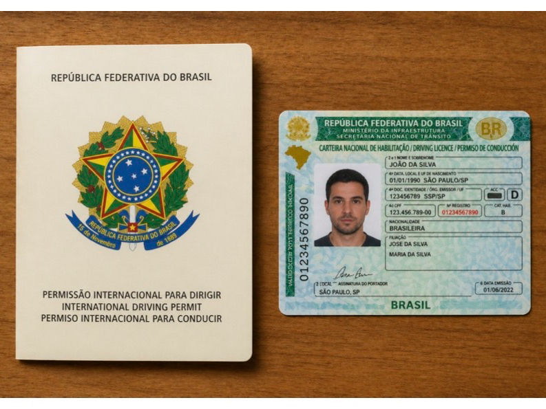 PID Permissão Internacional para Dirigir e CNH brasileira lado a lado sobre mesa de madeira, documentos obrigatórios para dirigir na Sardenha