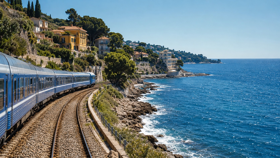 Trem regional circulando colado ao mar azul do Mediterrâneo e vilas costeiras na rota entre Nice e Ventimiglia
