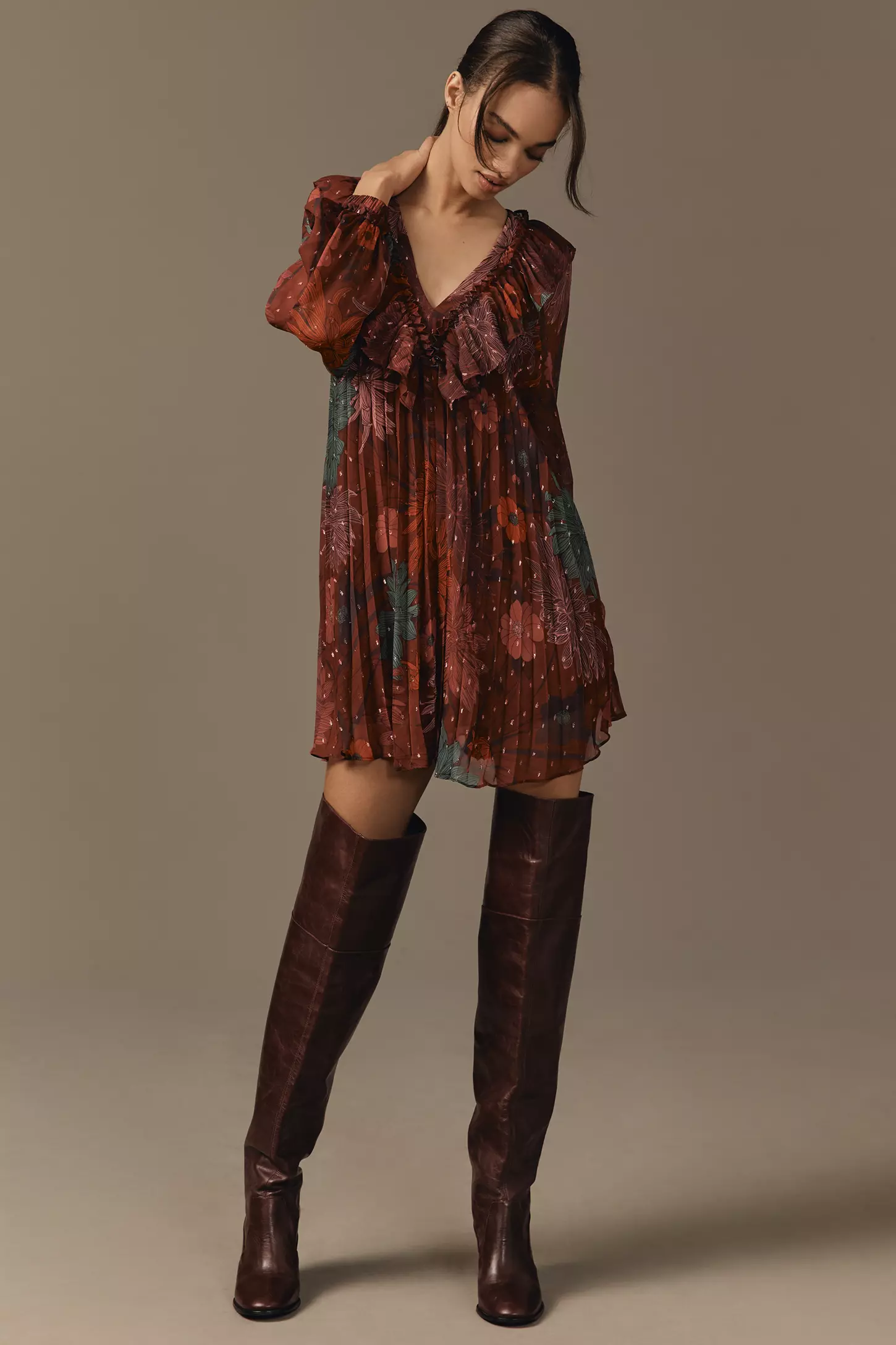 By Anthropologie Long-Sleeve Ruffle Swing Mini Dress