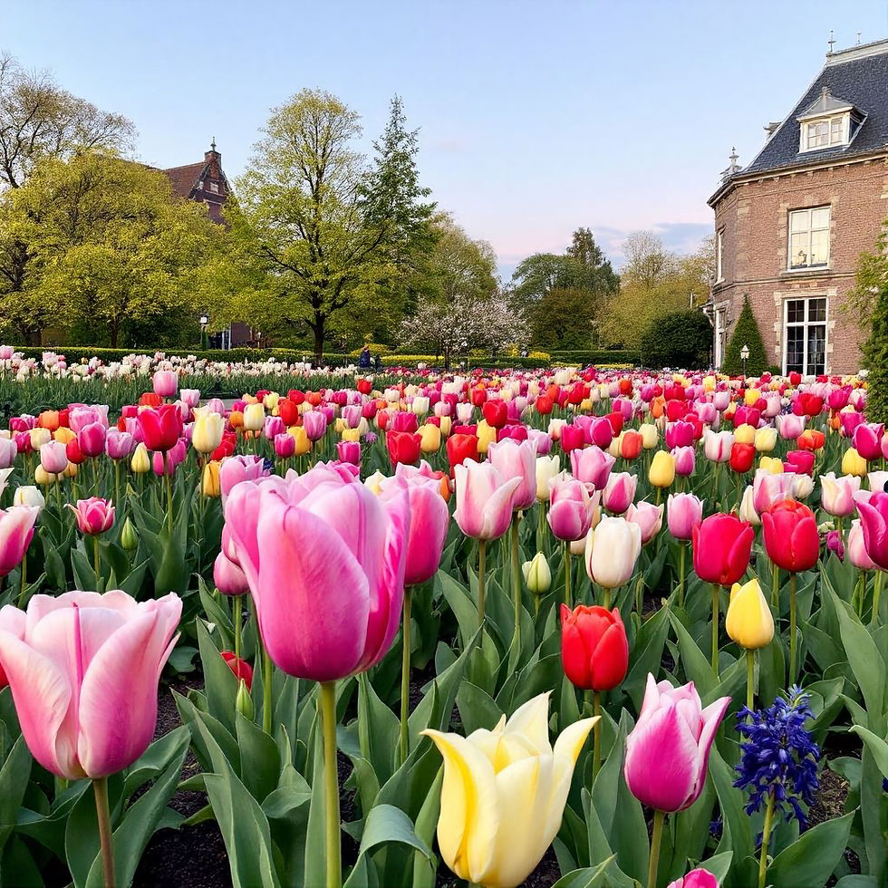 Spring tulip beds in full bloom on the historic Castle Keukenhof estate near Amsterdam: large field filled with pink, white, red, and yellow tulips in the foreground