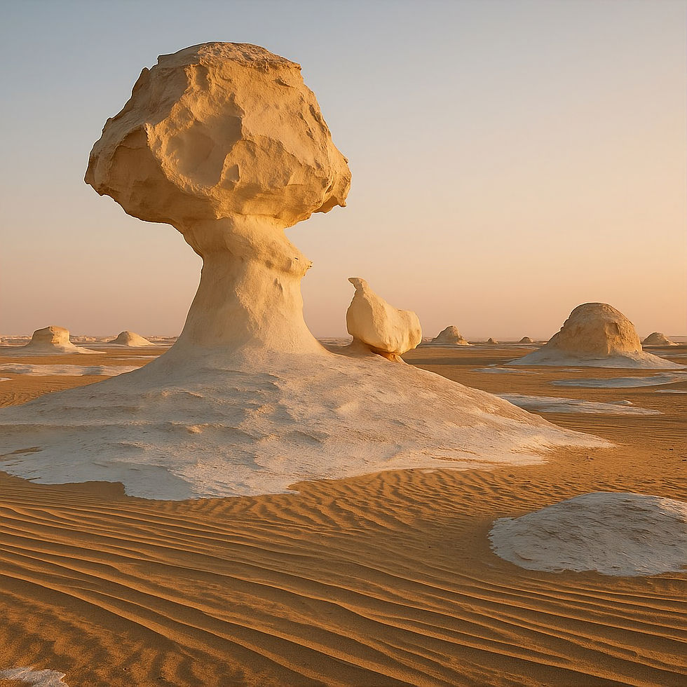Safári no Deserto Branco do Egito, com as famosas formações rochosas de giz que parecem cogumelos, uma aventura popular a partir do Cairo.