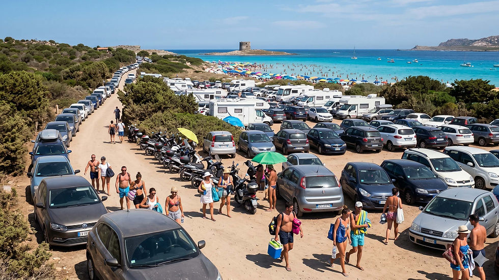 Estacionamento lotado na praia de La Pelosa na Sardenha no verão, com carros, motos e a torre histórica ao fundo