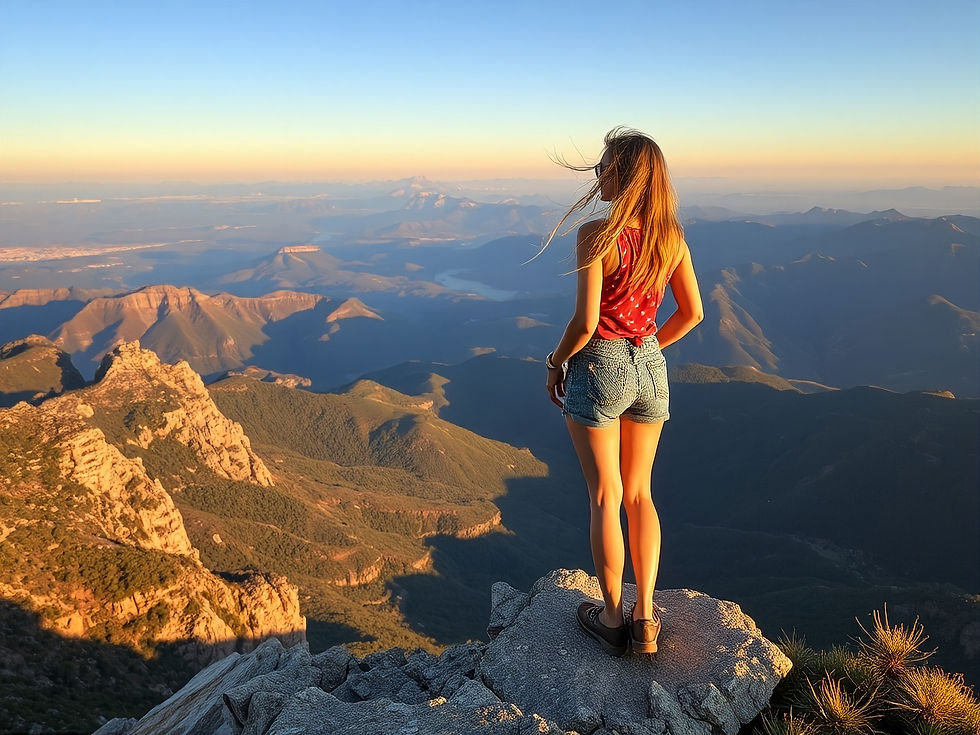 Mulher de costas, com cabelos ao vento e vestindo shorts jeans e blusa vermelha, de pé no topo de uma montanha rochosa ao amanhecer ou entardecer. Ela observa uma vasta paisagem de montanhas e vales que se estendem até o horizonte, banhados por uma luz dourada e um céu azul claro. A imagem transmite sensação de liberdade, conquista e aventura.