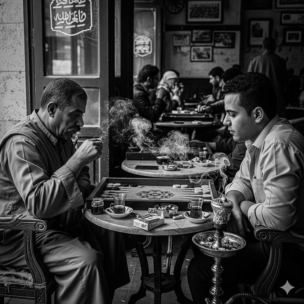 Dois homens jogando gamão (tawla) e fumando narguilé em um café literário no Cairo, Egito, com xícaras de café na mesa, uma cena que representa a cultura e a vida social da cidade