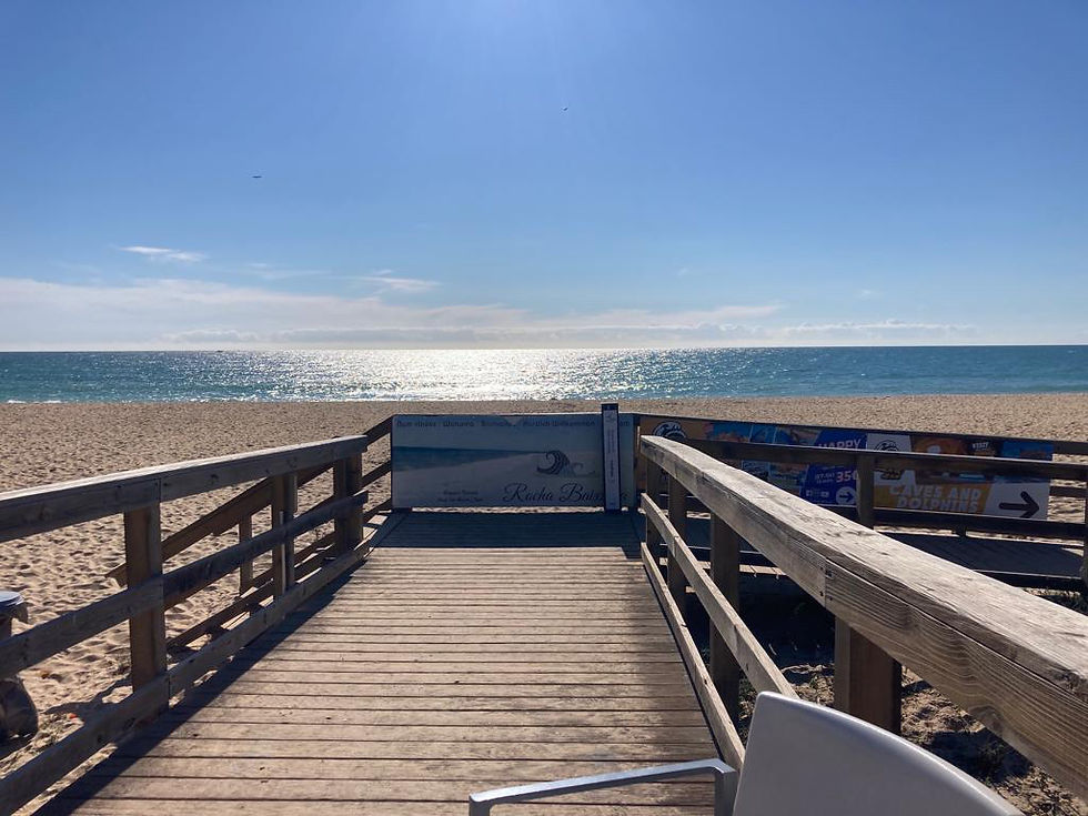 Wooden boardwalk leading to Praia da Falésia beach in the Algarve on a sunny day