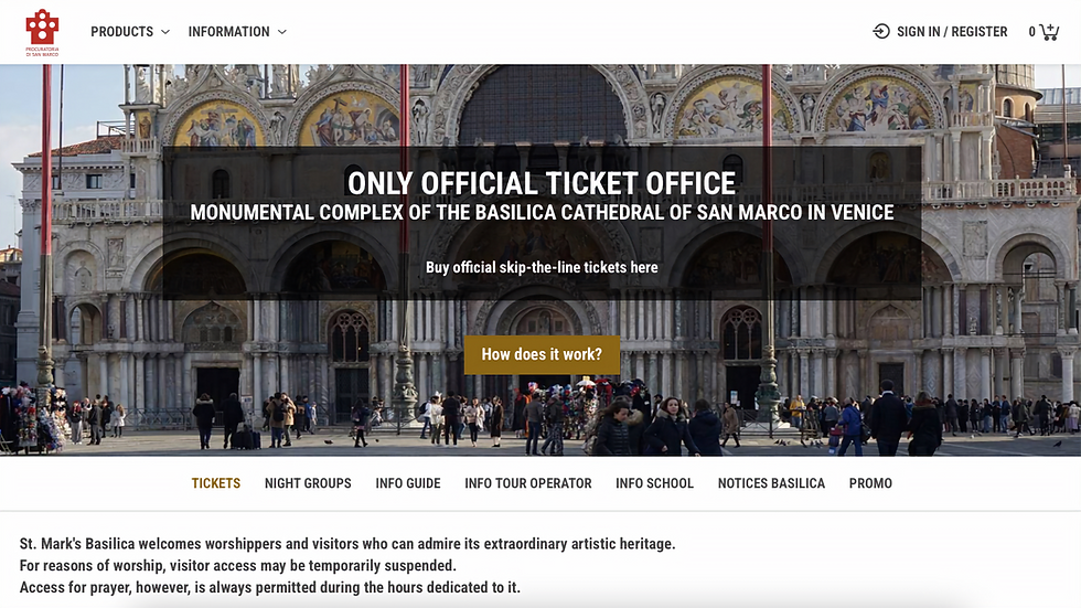 "Captura de tela do site oficial da Basílica de São Marcos, para compra dos ingressos para a Basílica, o Museu e o Campanário