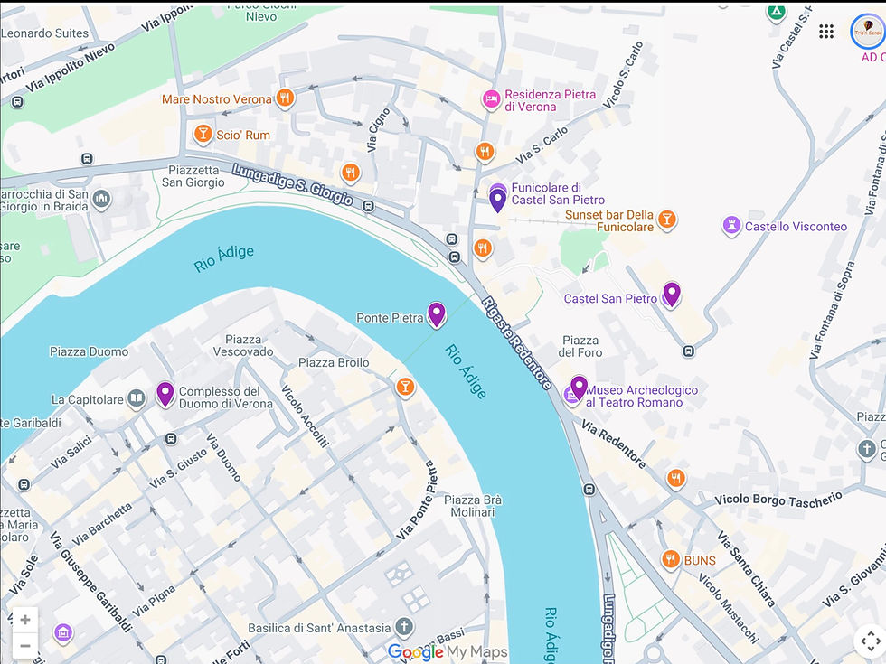 Mapa do segundo dia em Verona com Duomo, Ponte Pietra, funicular, Castel San Pietro e Museu Arqueológico do Teatro Romano marcados nas duas margens do rio Adige.