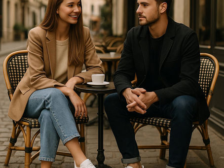 Casal jovem sentado em café ao ar livre com tênis brancos em evidência, cena urbana casual e estilosa