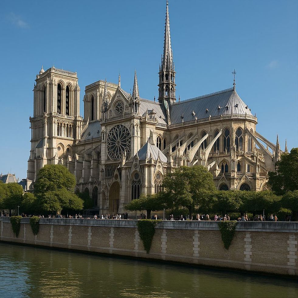 The newly restored Notre-Dame de Paris, with its rebuilt spire and clean, bright stonework.