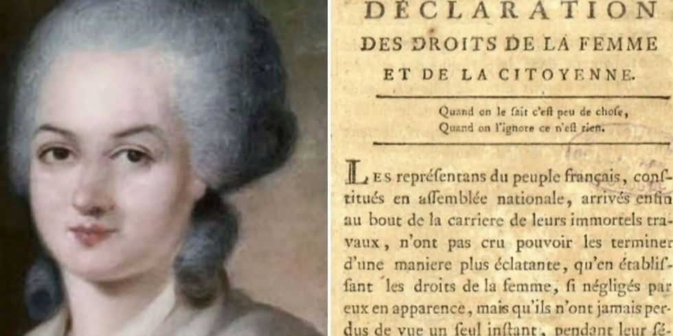 Retrato de Olympe de Gouges e a Declaração dos Direitos da Mulher, símbolo do feminismo na Revolução Francesa