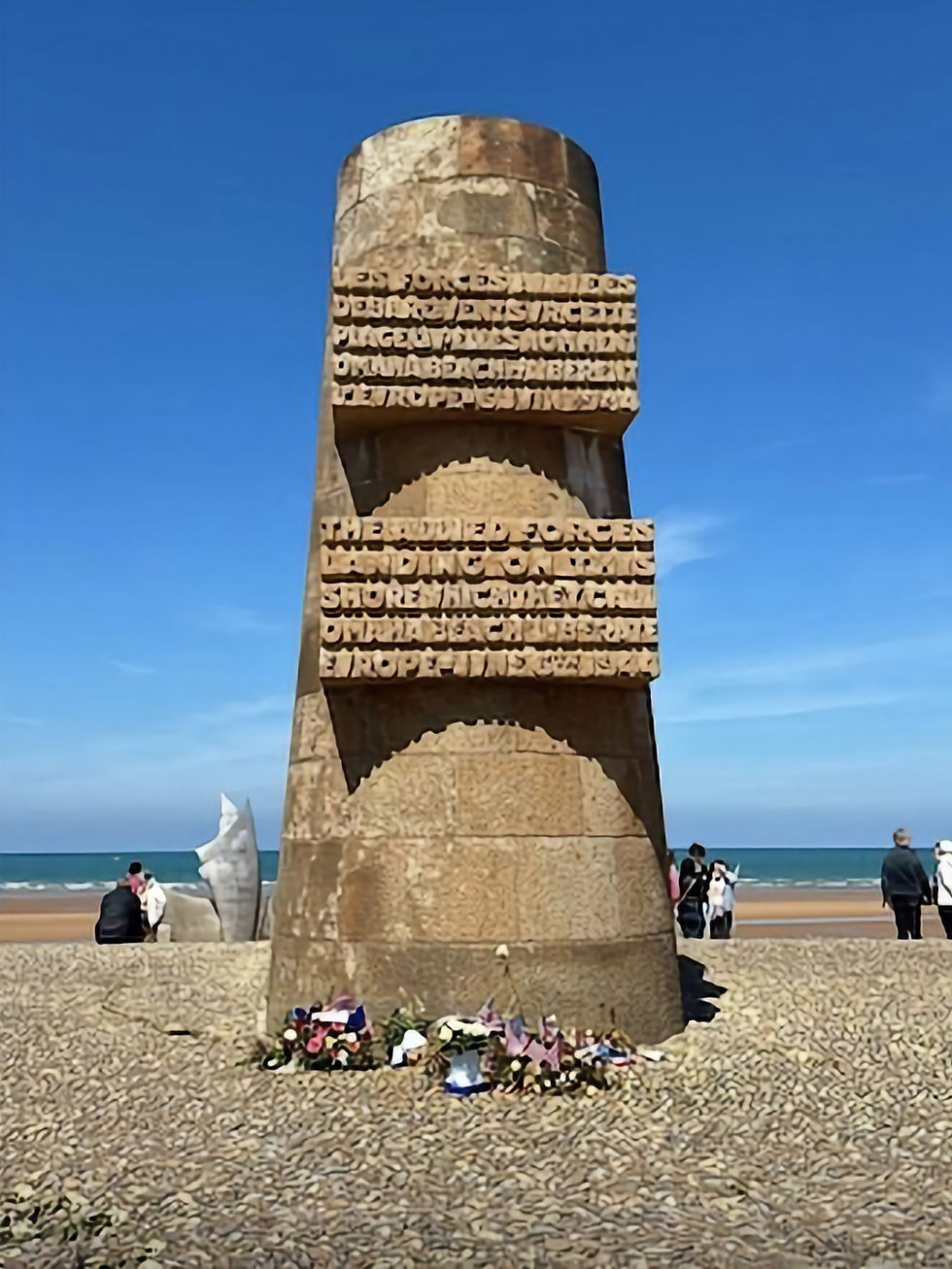 Les Braves' steel sculpture rising from the sands of Omaha Beach