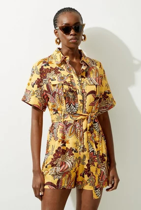 Paisley Viscose Linen Belted Woven Romper