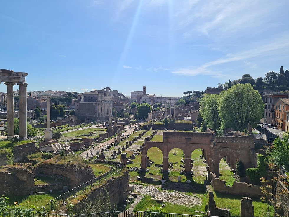 Vista panorâmica e ensolarada das ruínas do Fórum Romano tirada de um ponto elevado, mostrando estruturas de pedra, arcos de tijolos antigos, gramados verdes, árvores ao fundo sob um céu azul claro com raios de sol.