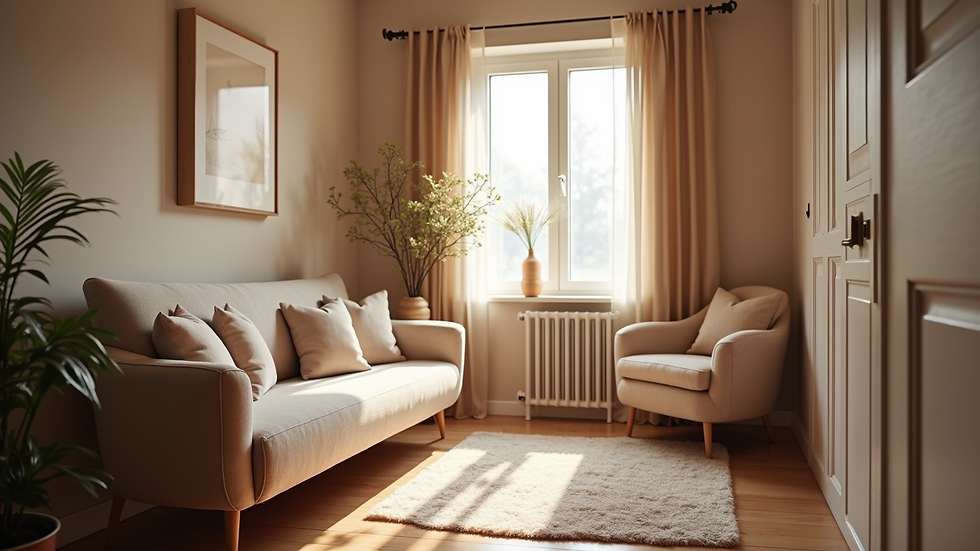 Eye-level view of a cozy therapy room with comfortable seating