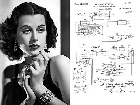 Two-panel image. Left image is a black and white photo of a glamours woman. Right image is a hand-drawn, complex diagram.