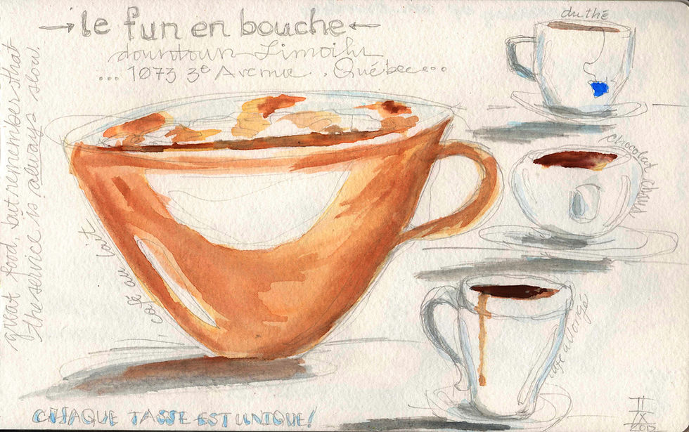 A sketchbook page depicts a latte, americano, hot chocolate, and cup of tea, along with notes about the location and the names of the drinks (all text is in French). The sketches are made with pencil and watercolors.