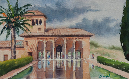 Watercolour painting of building’s reflecting in the pool in Alhambra, Spain.