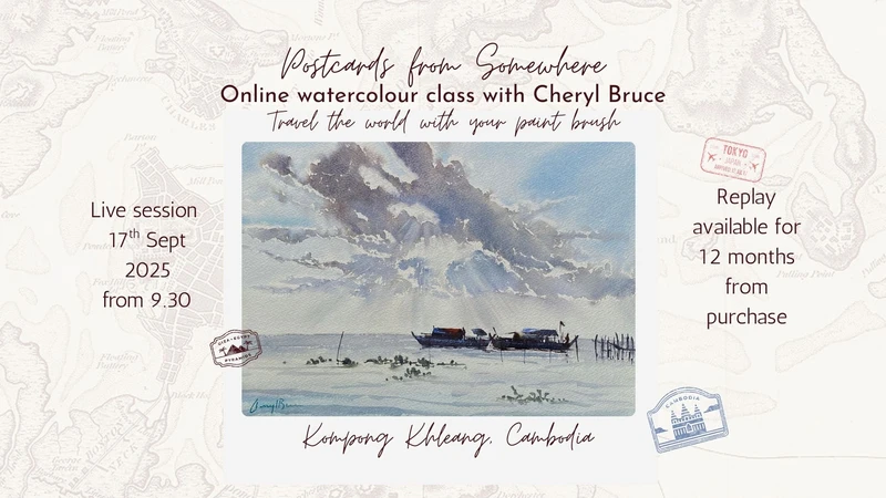 graphic for a watercolour class featuring a dramatic sky and lake in Cambodia