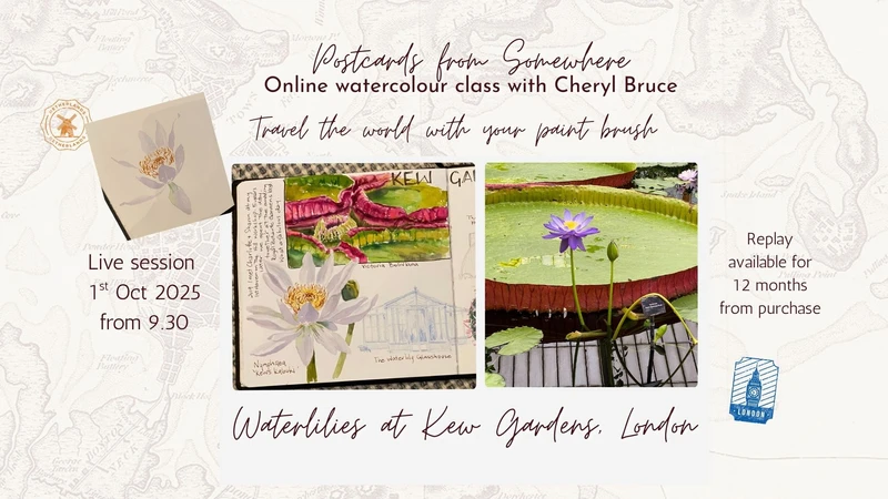 graphic for a watercolour class featuring a dramatic sky and lake in Cambodia