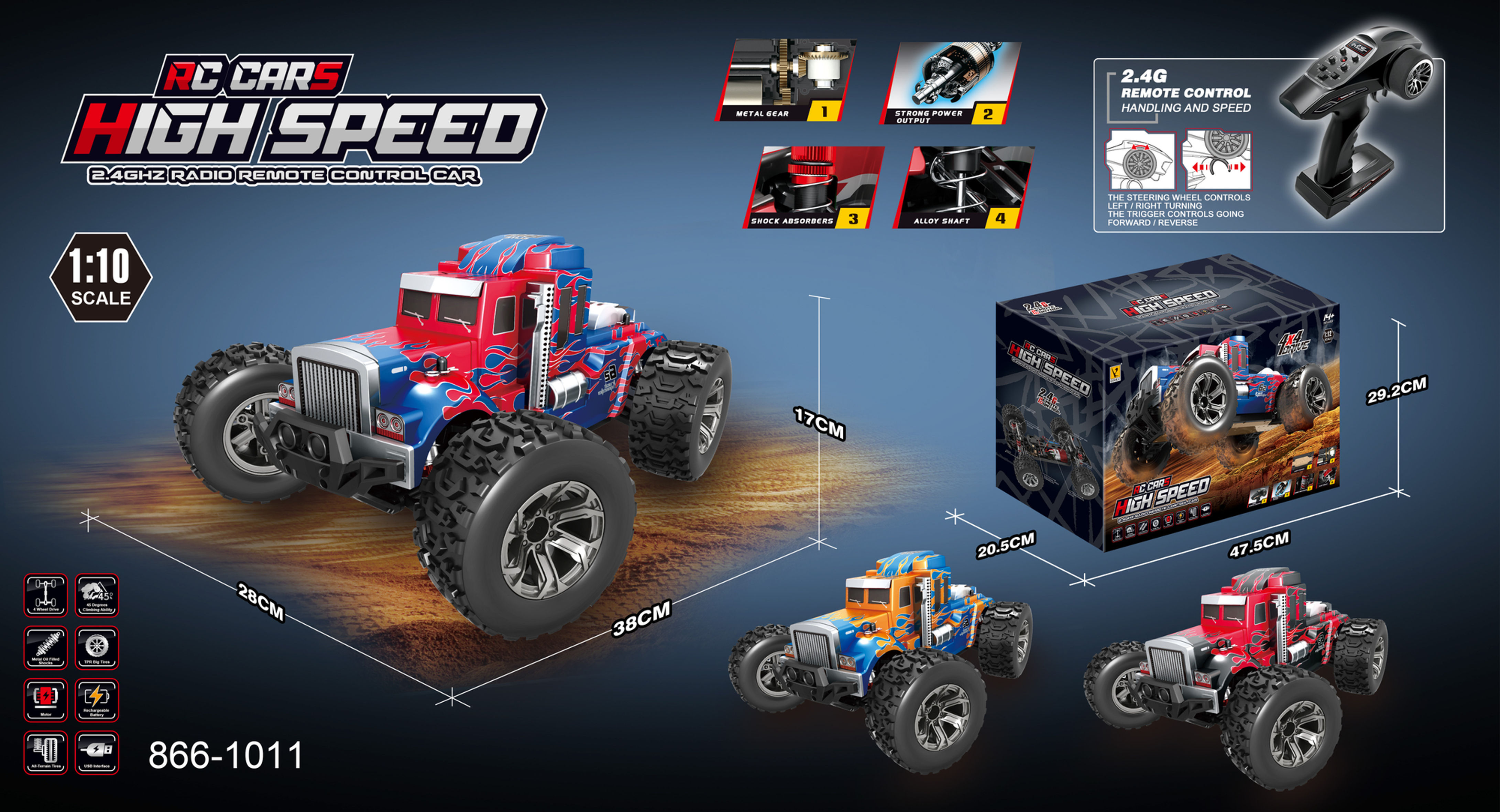 1:10 High Speed RC truck with Battery, Charger, Remote 50km/hr 866-1011