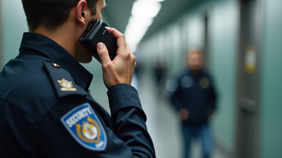 Close-up view of a security officer using a handheld communication device
