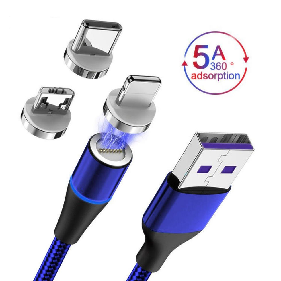 Thumbnail: Blue Magnetic 3-in-1 USB fast charging cable with interchangeable USB-C, Micro-USB, and Lightning tips. Supports 5A charging