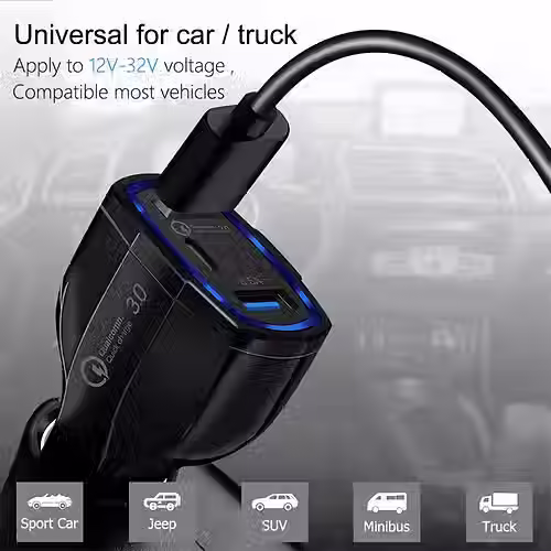Thumbnail: Black Universal Qualcomm QC3.0 car charger with 2 USB ports and 1 Type-C port, supports triple device fast charging with smar