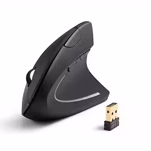 Nouvel black wireless vertical ergonomic mouse with USB receiver, 3 DPI levels, and 6 buttons for smooth, wrist-friendly navi